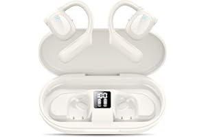 HENDARI Open Ear Bluetooth 5.3 Headphones, Wireless Earbuds Sport Over Earphones Built-in Mic with Earhooks 75H Playtime Ear Buds LED Display Charging Case, IPX5 Waterproof for Running Fitness,Pearl White