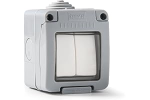 FAMATEL – Conmutador + Pulsador | Enchufe de empotrar | Serie Garden | IP55 | Protección Infantil | A prueba de agua | Fácil de instalar este producto | Gris