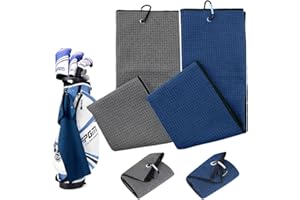 Feicuan 2 Pack Microfiber Golf Towels with Carabiner Clip - Tri-fold Functional Waffle Towel 60x40cm/23.6"x15.7" Soft Lightweight Absorbent Cleaning Towel for Golf Bags Golfers Outdoor Sports