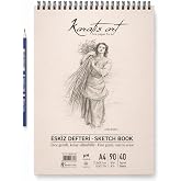 A4 Eskiz Defteri, İnce Grenli, Kolay Silinebilir pH N&ouml;tr Kağıt, Spiralli Sketch Book, 90 g/m&sup2;, 40 Yaprak, &Ccedil;izim ve Karakalem 
