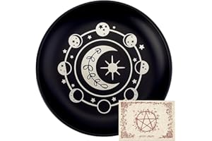 CREATCABIN Phase Moon Star Offering Bowl Altar Ritual Plate Stainless Steel Flat Bowl Round Tray Prayer Dish Candle Holder with Card Black Jewelry Dish for Smudging Incense Burner Decoration 5.55Inch