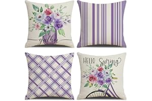 KSSKEN Fundas Cojines 45x45cm, Juego de 4 Fundas de Cojines Algodón Lino Decorativa Hogar Almohadas Fundas para Sala Sofá Cama Decoración - Primavera Púrpura