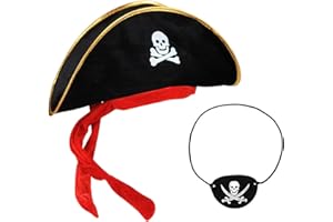 SOPSTUO Pirate Accessories, Pirate Hat Kids Adult, Skull Print Captain Costume Cap with Eye Patch for Funny Party Caribbean Fancy Dress