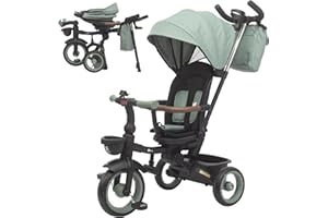 Twinly Triciclo Evolutivo Bebé Plegable 1-5 Años con Asiento Reclinable y Reversible – Acompaña el crecimiento del bebé, Freno y cinturón seguro de 5 puntos y barra de protección SAMI (Dark Green)