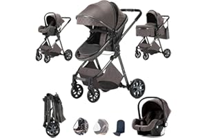 SHUKBETA Kinderkraft Kinderwagen 3 in 1, Kinderwagenset, Buggy, Babyschale, Große Räder, Verarbeitungsqualität, Bequemer(CHOCOLATE)