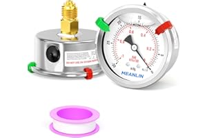 MEANLIN MEASURE -1~0Bar Manometro a vuoto 1/4" BSP con quadrante da 2.5",manometro in acciaio inossidabile riempito di liquido con Montaggio posteriore WOG acqua olio aria (con 2 bottoni a pressione)