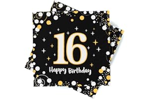 CAPANEUS Deko 16. Geburtstag Junge Servietten 30 Stuick, Serviette 16. Geburtstag Schwarz Gold mit Konfetti, 3-Lagig Servietten Happy Birthday Geburtstagsdeko Tischdekoration