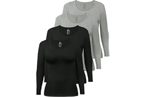 ALPIDEX Camiseta Manga Larga Mujer Pack de 4 Básica Lisa Algodón Elástico Camiseta Interior Cuello Redondo