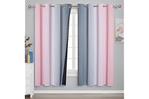 VEHEDE Ombre Blackout Bedroom Curtains for Girls 72 Long Drop Pair, Stripe Wave Gradient Thermal Insulated Window Drapes for Living Room, W52 x L72 Inch, Pink and Grey, 2 Pieces
