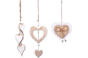 Guyode 3 Stück Fensterdeko Hängend, Deko Zum Aufhängen, Deko Herzen Zum Aufhängen, Fensterdekoration, für Hochzeit, Wandbehang Dekoration Geschenk Zuhause Büro Garten Outdoor, Holz Natur Weiß