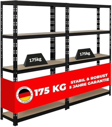 Étagère Industrielle Lourde – Lot De 5 – 180x90x60 Cm – Charge 265 Kg Par Niveau – Noir – Pour Garage/atelier
