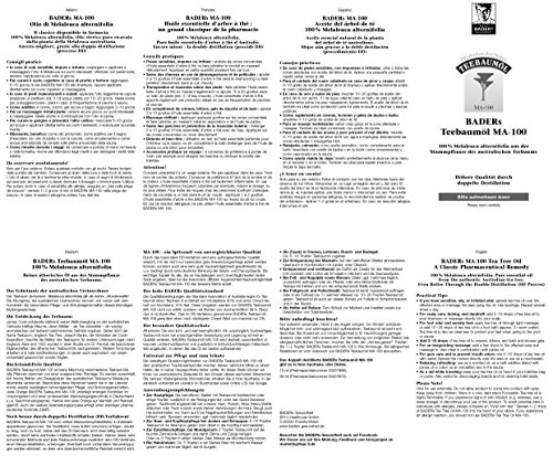 BADERs Teebaumöl MA-100, 30ml. Pharma-Qualität, doppelt destilliert. 100% reines melaleuca alternifolia. Hilfreich bei unreiner Haut, Akne, Warzen etc. Lichtschutz-Faltschachtel. Pharma-Nr: 0237966 - 6