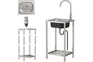BNDDUP Evier Inox Exterieur Indépendant Évier utilitaire vertical avec support, Évier Inox Autoportant avec Robinet et Accessoires, pour Cuisine, Buanderie, Restaurant, Garage, Jardin (37 * 42 * 82cm)