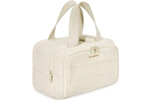 BAGSMART Reise Kulturbeutel Kulturtasche Damen, Große, Weit Offene Reisetasche für Frauen, Toiletry Bag Kosmetiktasche Make up Organizer mit Griff für Zubehör, Essentials, Toilettenartikel, Beige