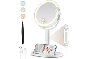 MOMOKUBA Miroir Grossissant Lumineux X 20, Miroir Grossissant sur Pied 8", miroirs Maquillage Lumineux sur Pied Double Face 3 Couleurs 64 LED, Rechargeable Rotation 360°