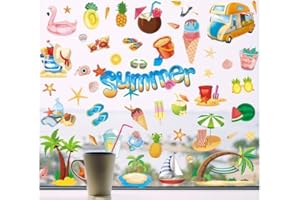 FRIEDWOHL 9 Blätter 134 Stücke Sommer-Fensteraufkleber, doppelseitig, Strand, Pool, Party, statische Fensteraufkleber, Hawaii-Fensteraufkleber für Kühlschrank, Glas, Sommer