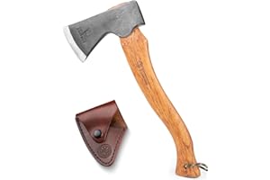 NedFoss Siekiera survivalowa, siekiera wikingów z drewnianym uchwytem, z pochwą, siekiera bushcraft, do rozłupywania, ostra, uniwersalna, wysokiej jakości, do ogrodu, na kemping, na zewnątrz, 38 cm