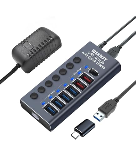 Atolla Hub USB 3.0 alimentato, Hub USB a 4 porte con interruttori indipendenti On/Off - Adattatore di alimentazione incluso