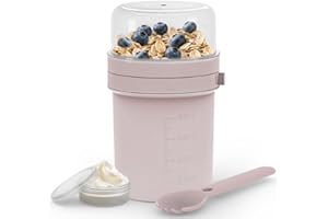 MRUN BONE Müslibecher To Go mit Gabel-Löffel, Auslaufsichere Joghurtbecher To Go, Müslibecher für Unterwegs, Arbeit, Schule, Picknick, 450ml+250ml, (Puderrosa)