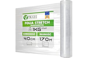 V1 Trade Folia stretch przezroczysta - 1 kg rolka folii - 23 mikrometry folia ochronna 100 m długości i 40 cm szerokości materiał opakowaniowy - folia do mebli
