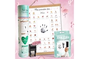 KEEP'LOVE Affiche "Mes Premières Fois" à Tamponner, Cadeau de Naissance Bébé, Souvenir, Decoration Chambre Bebe, Baguettes, Kit Empreinte Bébé, Cadeau Jeune Maman, Grand Format A3 (Modèle FLAMANT ROSE)