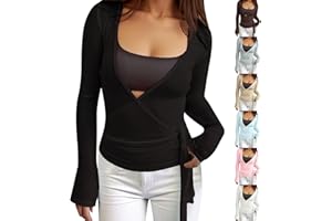GENERISCH Damen Y2k Ballett Wrap Top Langarm Tiefer V-Ausschnitt Slim Fit Yoga Pilates Ballet Workout Tops Sexy Blickdichter Wickeloberteil Weiches Bandage Shirt Einfarbig Wickelbluse Dancewear Tanzbekleidung