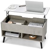 Giantex Lift-Up Coffee Table with Hidden Storage (White+Grey) | Modern Wooden Coffee Table with 2 Open Shelves and Silent Pat