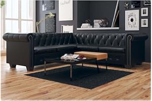 Tidyard Sofá de Esquina Chesterfield 5 Plazas,Sofá de Salón con Estructura de Madera para Hogar o Oficina,Estilo de Lujo y Clase,Tapicería de Cuero Artificial,205x205x73cm Negro
