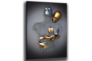 chongjian Liebe Herz 3D Grau Leinwand Wandkunst Moderne Gemälde 3d Abstrakt Umarmung Wanddekoration Schwarz und Weiß Metallfigur Skulptur Effekt Bild Wohnzimmer Dekoration (Gold Mit Rahmen, 16x24in)