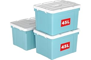 Cetomo 45L*3 Storage Boxes, Carry Plastic Storage Box with Lids, Organizing Container with Handle and Secure Latching Buckles, Stackable, Nestable, Tote Bin for Home Office Clothes, 45L-3Pack, Blue