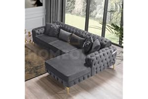 HOMEOLOGY SOFA DIRECT Luxury Chesterfeild Seater Plush Velvet L-Shaped Corner Sofa – Deep Button-Tufted Design with Elegant Gold Metal Legs – Chaise Lounge Couch (Grey Plush, 5 Seater (Right Hand side))
