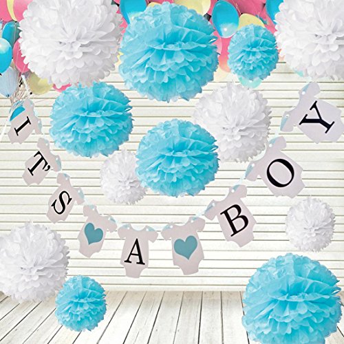 Ist es ein Junge Girlande Set, Wartoon Papier Girlande Banner Dekoration und 12 Seidenpapier Pompons Pom Poms für Baby Dusche Girlande Dekoration, party Foto Requisiten und Baby Deko Geburtstag - 2