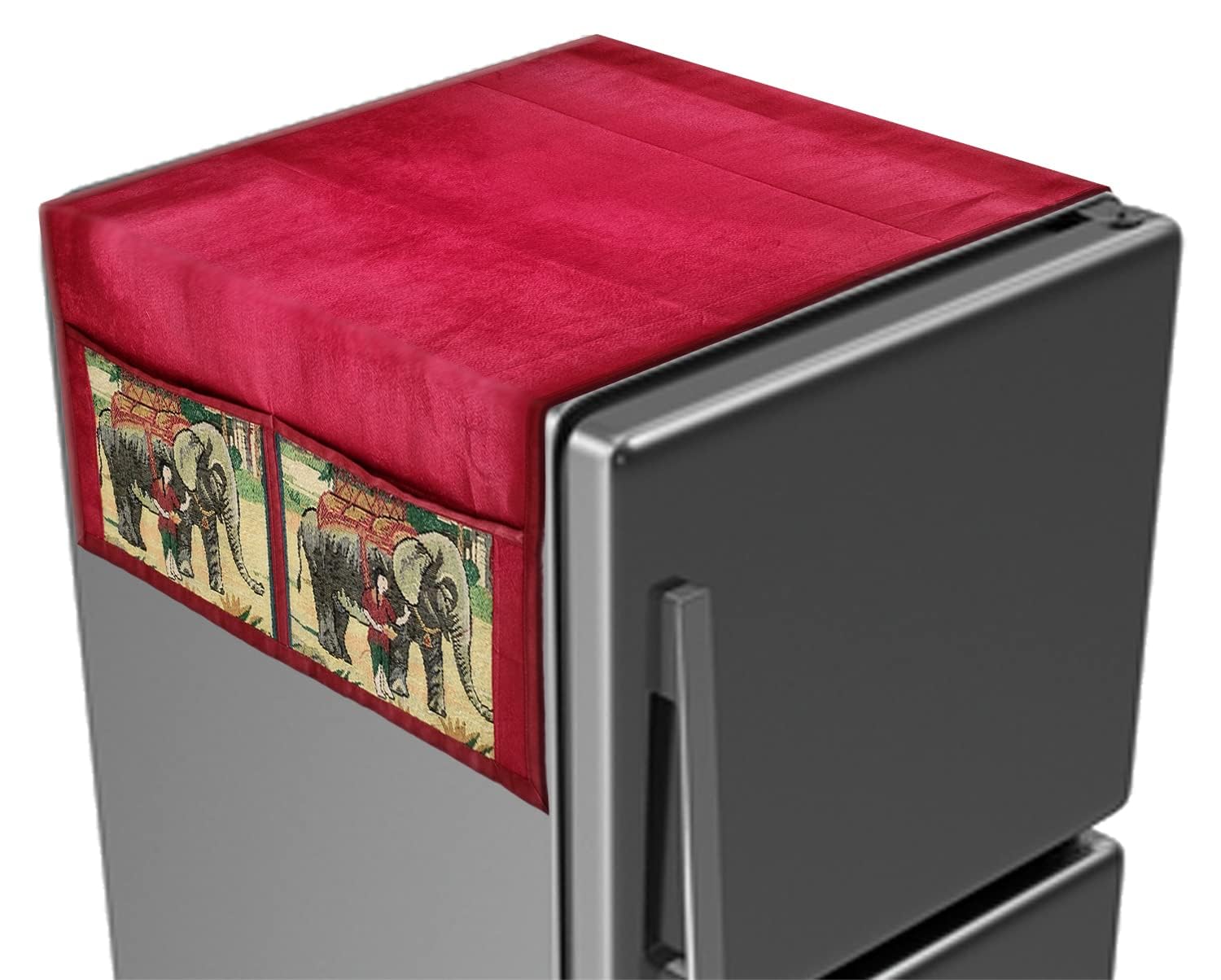 Kuber Industries solid Print Fridge Cover With Side Pockets|Fridge Top Cover|Refrigerator Cover|Washable Cotton Material|6 Utility Pockets (Red & Blue)