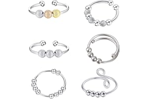 QINCLING 6 Pieces Silver Fidget Anxiety Rings Set, Fidget Rings, Adjustable Finger Rings, Spinning Rings, Bead Ring, Open Anxiety Ring, Spinner with Beads Band Ring for Men and Women, Anti-Stress, Anxiety