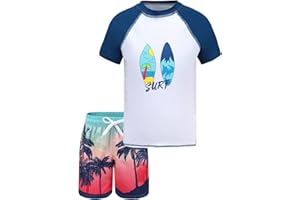 Aisyee UV Badeshirt Jungen Zweiteilig Kurzarm Schwimmshirt Kinder Boardshorts Jungen Badeset Kinder Schnelltrocknende Badeanzug Set 98 164/3-16 Jahre