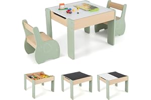 ‎COSTWAY COSTWAY Kindertisch mit 2 Stühlen, 3 teilige Kindersitzgruppe aus Holz mit wendbarer & abnembarer Tischplatte, Kinder Maltisch mit Stauraum, Kindermöbel Sitzgruppe für Kinder ab 3 Jahren (Grün)