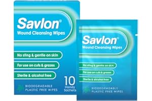 Savlon Wound Cleansing Wipes, Alcohol Free, Cleaning Wipes for Wounds, Pack of 10 Wipes, Gentle, for Cuts and Grazes, Sterile, Alcohol Free, Biodegradable Plastic Free Wipes