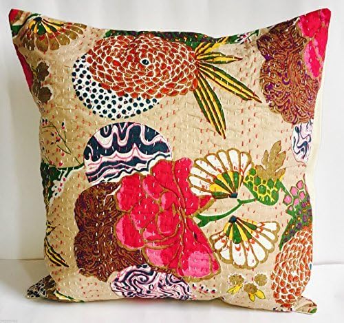 Indian Floral Home Décor Handmade Thread Embroidery Cotton Cushion Covers Block Printed Throw Pillow Patchwork Sari Ethnic Kantha Cushion Cover 40x40 16x16