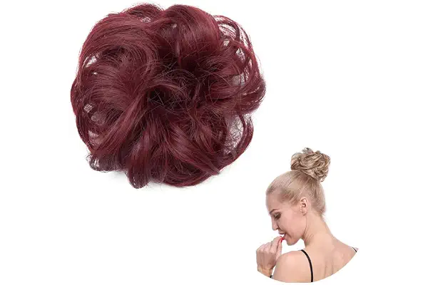 SEGO Moño Postizo Rizado con Goma Pelo Sintético Se Ve Natural [Vino Rojo] Recogido Coletero Extensiones de Cabello Coleta Postiza (25g)