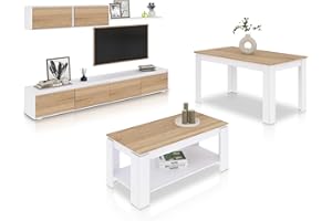 duehome | Pack de Salon con Modulo TV + Mesa de Centro Elevable y Mesa de Comedor, Conjunto de Salon, Modelo Arlet MAX V1, Acabado en Blanco Artik y Roble Canadian