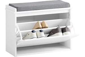 SoBuy Banco Zapatero con Asiento - Zapatero Recibidor para Entrada y Recibidor, Almacenaje para 4-6 Pares de Zapatos, 150kg de Carga, Diseño Moderno, Blanco, 62x26x46cm, FSR98-W