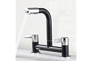 SchSin Black Kitchen Mixer Tap Dual Lever with 360° Aerator, Swivel Kitchen Bridge Taps 2 Hole Sink Monobloc Faucet, 180mm Centres Deck Mounted with G1/2 Hose UK Standard Fittings (Black)