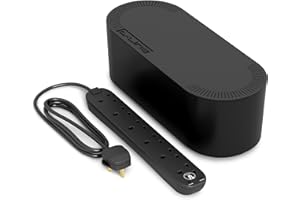 D-Line Cable Tidy Box with 4 socket 2m Extension Lead 13amp Surge Protected, Cable Management Solution, TV Wire Tidy, Desk Cable Organiser - Large, Black