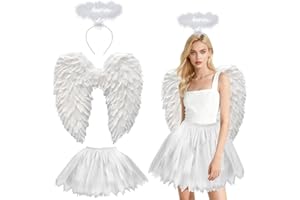YEAHBOOM Pack of 3 White Angel Costume Women, 60 cm Angel Wings Adult with Halo, 70-110 cm Tulle Skirt Women, Angel Costume Women for Halloween, Carnival, Cosplay, Party, Fancy Dress Costume Party
