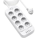 JSVER Power Strip Socket 5M, Surge Protection with 4 USB Ports (3 USB A+1 USB C) and 8 Outlets 3680W 16A Extension Socket for