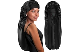 ‎BONNET QUEEN BONNET QUEEN Lange Satin Zopfhaube, Seidenhaube zum Schlafen Lange Haare mit Verstellbare Bindeband, Schlafhaube Seide für Locken & Zöpfe, Schlafmütze Damen, Schwarz