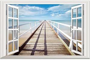 LICHI 3D Peel and Stick Fake Window View Wall Sticker Decal - Beach Seaside Wooden Pathway Scenery
