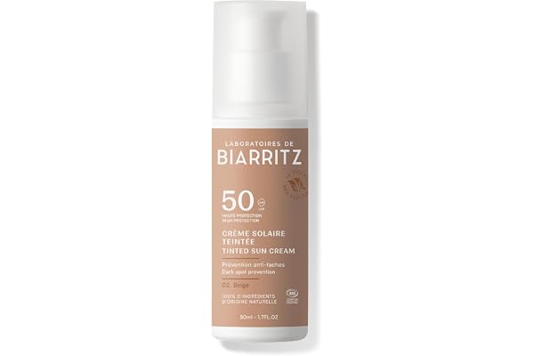 Laboratoires de Biarritz - Crème Solaire Visage Teintée Beige - SPF50 - Certifiée Bio - Unifie le Teint et Prévient l'Apparition de Taches - 50 ml - Fabriquée en France