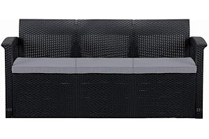 Trueshopping 3 Seater Rattan Outdoor Sofa with Cushions Garden Furniture Chair Garden Bench Chairs Sets Patio Lounge Conservatory, Graphite