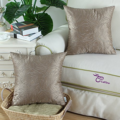 calitime Kissen Shell Kissenbezug Kunstseide Rosen Blumenmuster bestickt verschiedenen Farben 45 x 45 cm, Polyester-Mischgewebe, taupe, 45,7 x 45,7 cm - 3